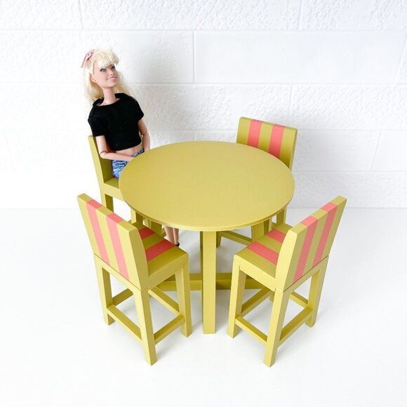 Miniature Barbie Bistro Table 4 Striped Chairs 3D Printed Dollhouse Furniture - Picture 1 of 5